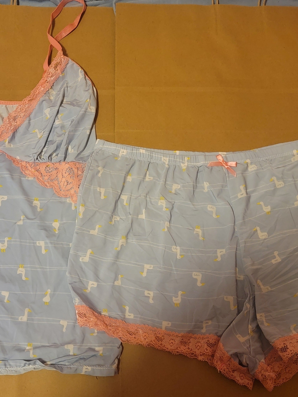Light Blue Seagull-Print Lace Trim Camisole & Shorts Sleep Set - Women